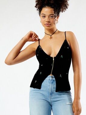 WeWoreWhat Black Velvet Floral Zip Corset size 6
